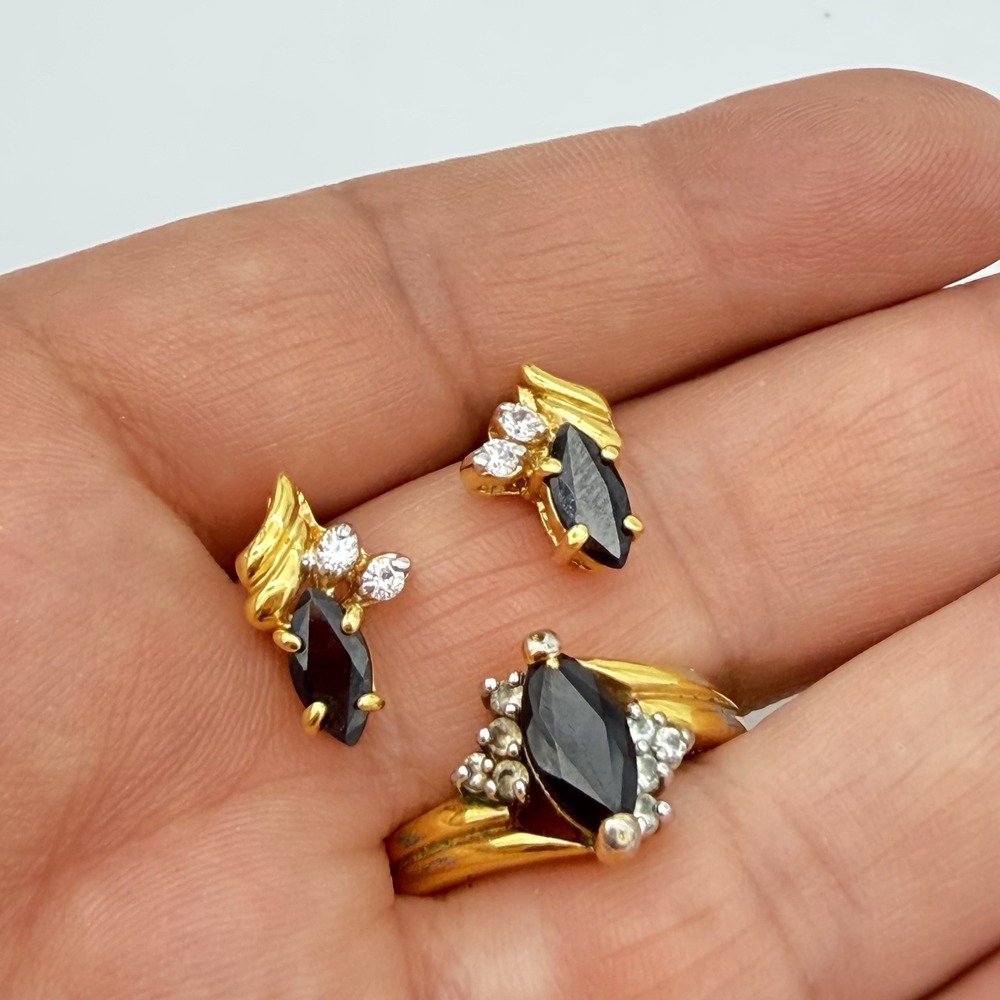Vtg Genuine Sapphire Gold Plated Ring Earrings Set Estate Read